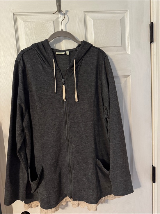 LOGO by Lori Goldstein Tops - LOGO Lounge Charcoal Zip Hoodie with Lace Trim
